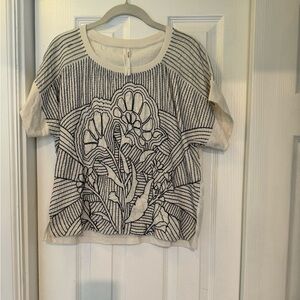 Anthropologie Navy and Cream Floral Embroidered Top